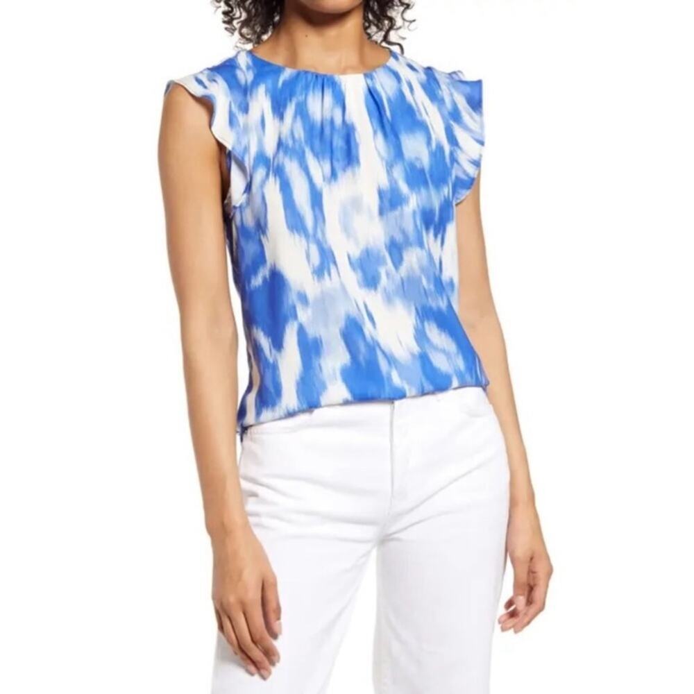 Halogen Blue + White Ruffle Sleeveless Blouse